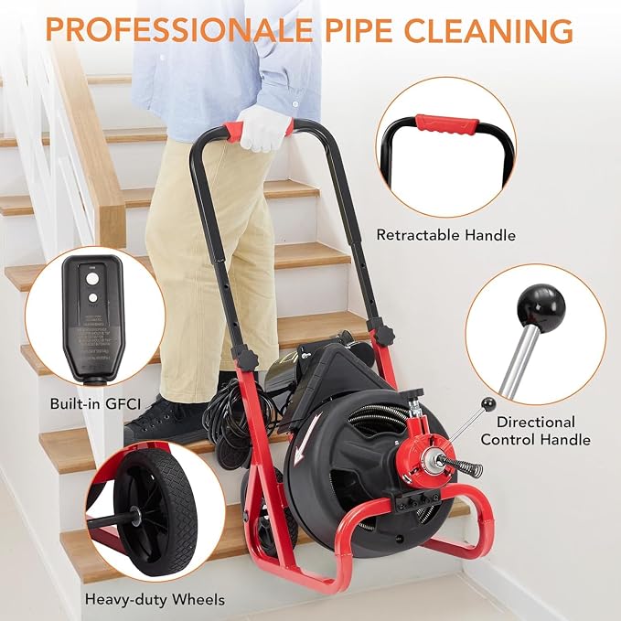 Garvee 100ft 3/8 Inch Drain Cleaner Machine, 370W Portable Drain Cleaning Machine Electric Drain Snake with 8 Cutters Gloves, Electric Drain Clog Remover Plumbing Tool for 2 to 4 in Pipes