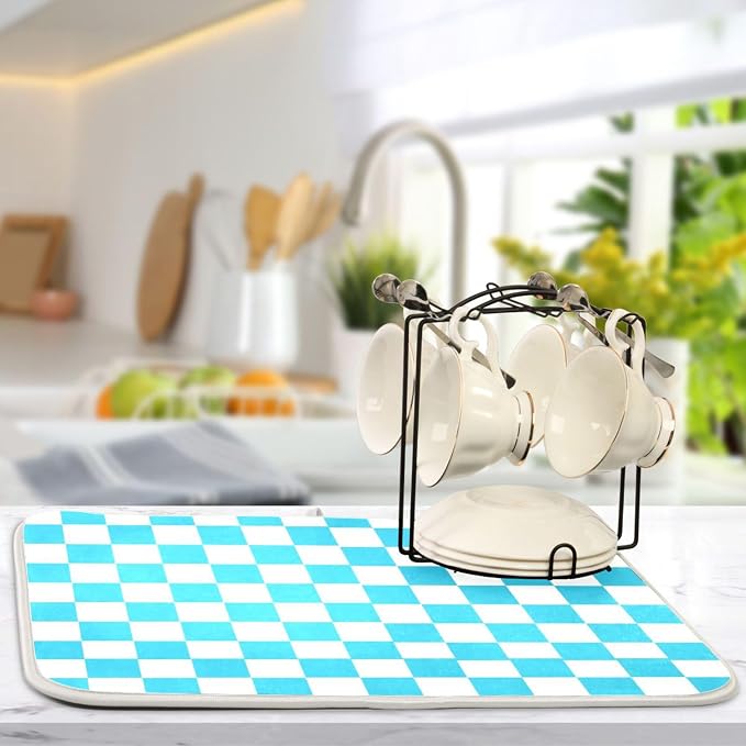 Turquoise Chessboard Dish Drying Mat for Kitchen Countertop 18x24 Teal Plaid Checkered Rectangle Large Drying Mat Reusable Quick Dry Dish Sink Absorbent Mats Easy Clean Decorative Home Essentials