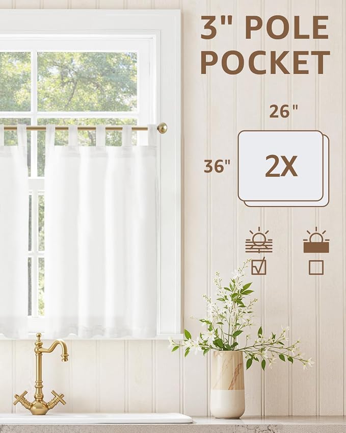 jinchan Linen Tier Curtains, Tab Top, 26x36, 2 Panels, Beige White | Light filtering, linen blend, farmhouse style, rustic decor, cafe curtain, kitchen, bathroom, laundry room, RV, small windows