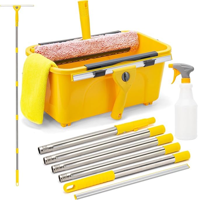 Professional Window Cleaning Kit with 3 Gallon Bucket, 6 Ft Long Handle Glasses Cleaner Squeegee with Spray Bottle and Scrubber for Home and Commercial Use, Car Windshield Washing Tool, Yellow
