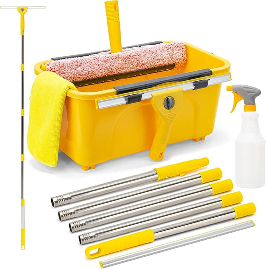 Professional Window Cleaning Kit with 3 Gallon Bucket, 6 Ft Long Handle Glasses Cleaner Squeegee with Spray Bottle and Scrubber for Home and Commercial Use, Car Windshield Washing Tool, Yellow