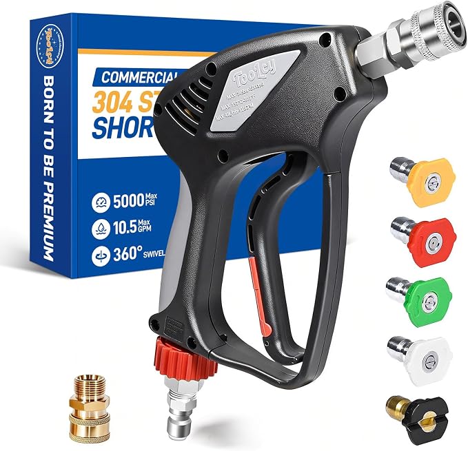 TOOLCY Pro Short Pressure Washer Gun Stainless Steel 3/8" Swivel Fitting | 5000 PSI 1/4" Quick Connect Outlet M22-14mm Male Thread Adapter with 5 Nozzle Tips For Foam Cannon