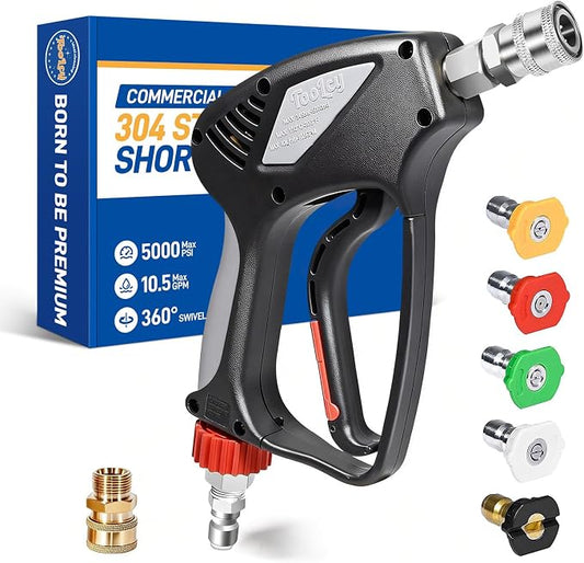 TOOLCY Pro Short Pressure Washer Gun Stainless Steel 3/8" Swivel Fitting | 5000 PSI 1/4" Quick Connect Outlet M22-14mm Male Thread Adapter with 5 Nozzle Tips For Foam Cannon