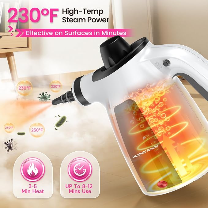Pressurized Handheld Steam Cleaner, 12Pcs Portable Deep Cleaning Steamer | Natural Deep Cleaning, Multi-Purpose for Home, Grout, Kitchen, Car, Window, Upholstery, Bathroom and Clothes