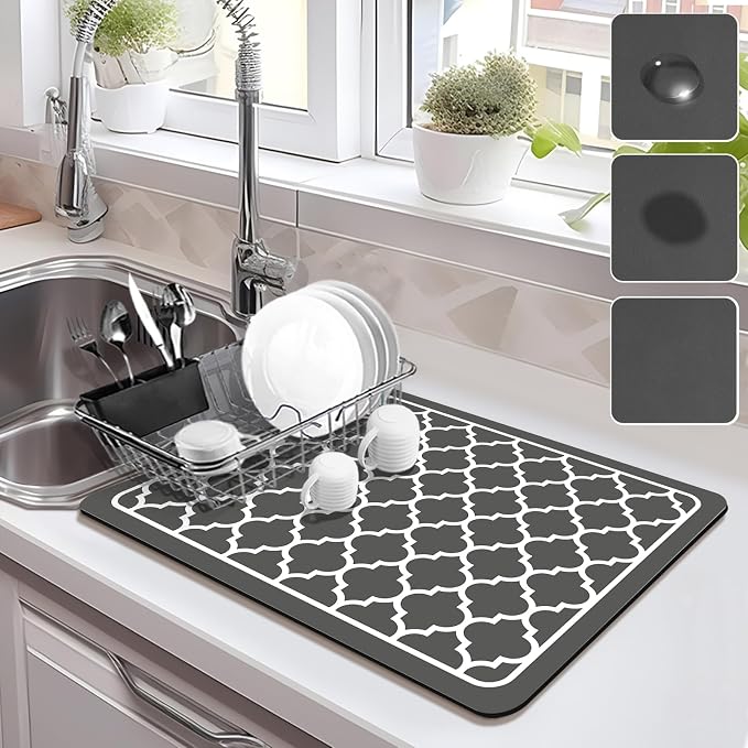 Drying Mat for Kitchen Countertops, Coffee Mat Hide Stain Rubber Backed Absorbent Dish Drying Mat