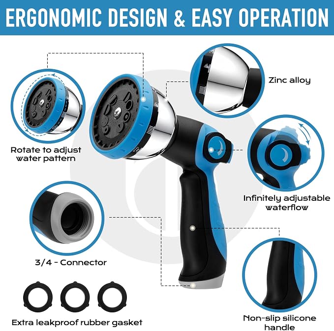 BIBURY Garden Hose Nozzle, Heavy Duty Zinc Alloy Water Hose Sprayer with 10 Patterns & Thumb Control, Leak-Proof High Pressure Hose Attachment for Watering Plants, Car Wash and Showering Pets (Blue)