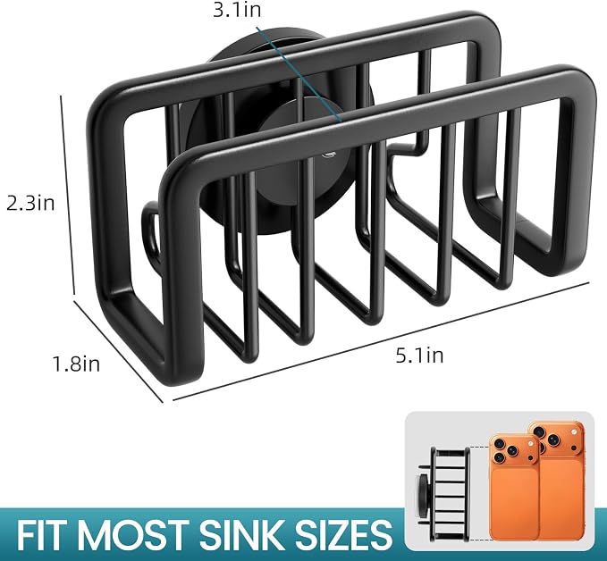TAILI Sponge Holder for Kitchen Sink with Strong Suction Cup, Removable Sponge Holder, Rustproof Aluminum Sink Caddy for Sponges, Dish Brush - Black