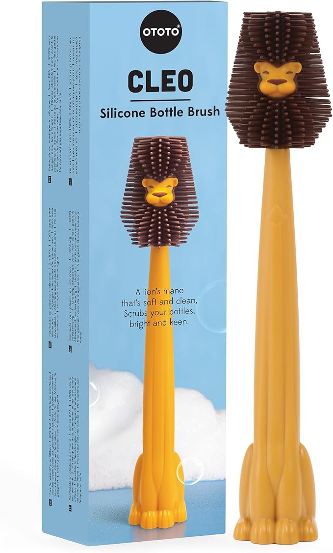 OTOTO Cleo Dish & Water Bottle Brush – Silicone Baby Bottle Brush, Water Bottle Cleaner, Dish Brush with Long Handle, Cute Lion Design, Crevice Cleaning Brush, Baby Essentials, Kitchen Gadgets