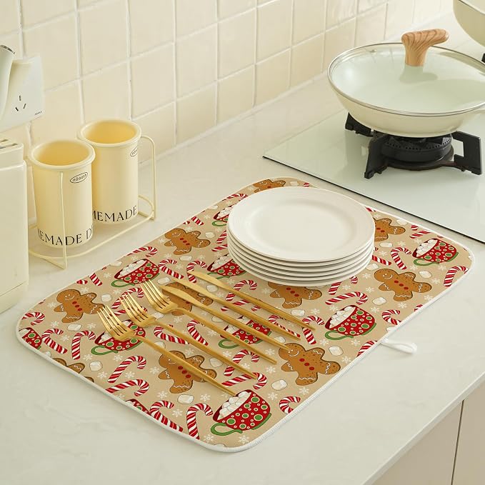 Christmas Dish Drying Mat 18x24 Inch Winter Brown Gingerbread Man Dish Drainer Protector Pad for Kitchen Counter Absorbent Marshmallow Candy Xmas Drying Pad for Drainer Rack Kitchen Fast Dry