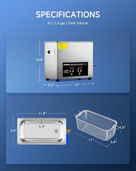 CREWORKS Ultrasound Cleaner with Heater and Timer, 1.6 gal Digital Sonic Cleaning Machine, 180W 6L Stainless Steel Jewelry Cleaner for Professional Tool Glasses Watch Retainer Denture Parts Cleaning