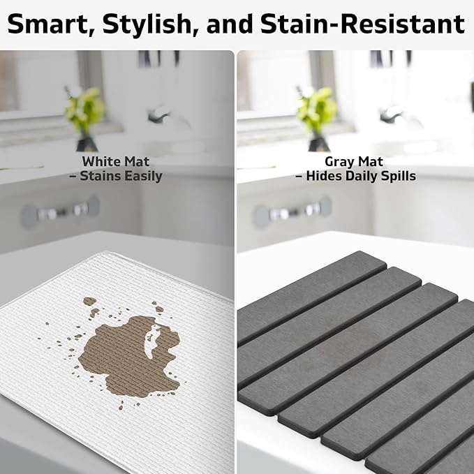 Large Stone Dish Drying Mat for Kitchen Counter – 24"(L)×16 "(W) Foldable Super Absorbent Diatomaceous Earth Dish Drying Mat, Kitchen Counter Mats for Plate Rack, Cups, Match Any Countertop - Gray