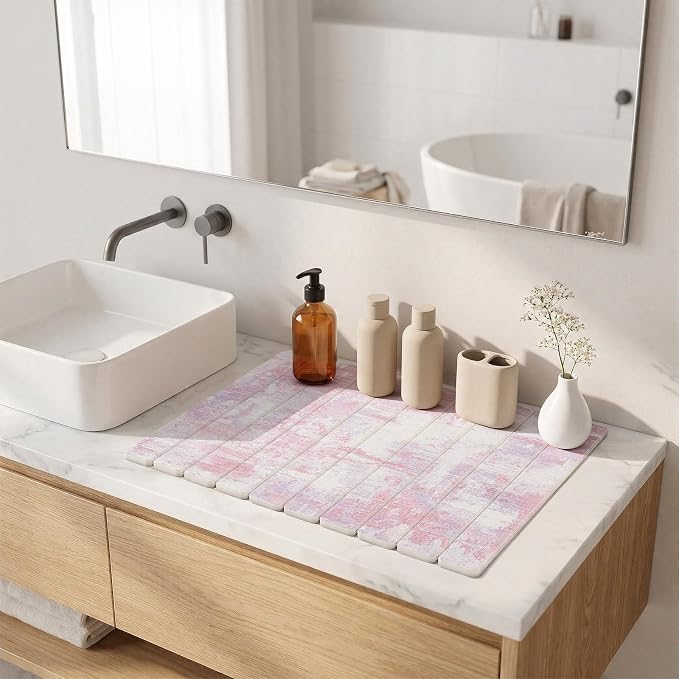 Findosom Stone Dish Drying Mat for Kitchen Counter, 15.7" × 11.8" Foldable Non-Slip Stone Drying Mat with Abstract Pattern, Heat Resistant Diatomaceous Earth Mat for Bath, Dishes, Cups, Pink