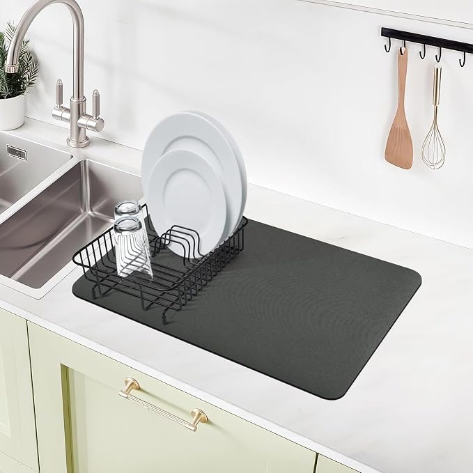 2PCS 12" x 19" Dish Drying Mat & 24" x 5.5" Faucet Mat for Kitchen Sink, Super Absorbent Kitchen Counter Mats & Sink Splash Guard, Easy to Clean Dark Gray Dish Rack Pad for Dishes Countertop