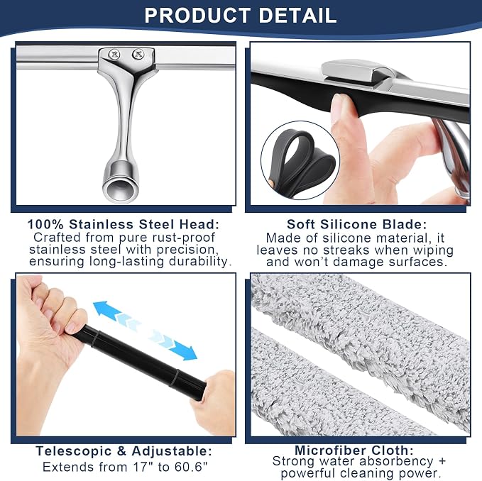 Metal Shower Squeegee with 17'' - 60'' Extension Pole for Window,Glass Door | 12'' Wide Telescopic Shower Squeegee For Tile Shower Walls Cleaner with Long Handle, Window Squeegee With Extension Pole