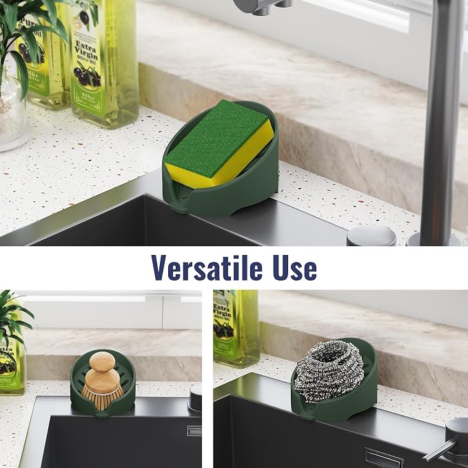 NiHome Silicone Sponge Holder for Kitchen Sink, Fits Scrub Daddy Mommy | Self-Draining Dispenser Organizer Tray, Sink Caddy Countertop Fits Soaps, Scrubber, Dishwasher Safe,Includes Brush,Dark Green