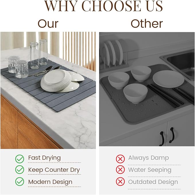 Large Stone Dish Drying Mats for Kitchen Counter 24"(L)×16"(W) Foldable Quick Dry Stone Dish Drying Mats Kitchen Absorbent Diatomaceous Earth Drying Stone Mat for Dishes Bottles Cups Dark Gray
