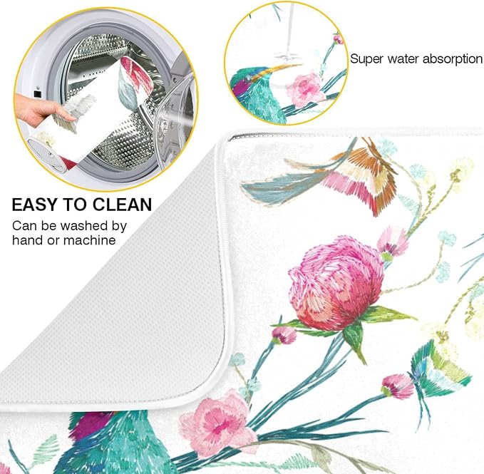 Absorbent Dish Drying Mat for Kitchen Counter - Watercolor Flowers and Birds Microfiber Drying Pad, Reversible Drainer Mats for Countertop, Small 16 x 18 inch