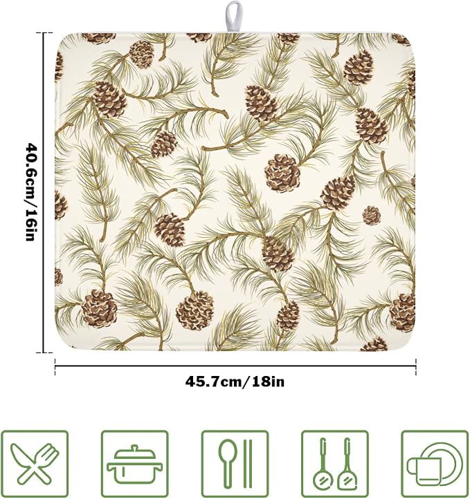 Winter Pine Cone Dish Drying Mat for Kitchen Counter Christmas Pinecone Pine Tree Branches Dish Drainer Mat Xmas Holiday Rustic Absorbent Washable Drying Pad 16"x18"