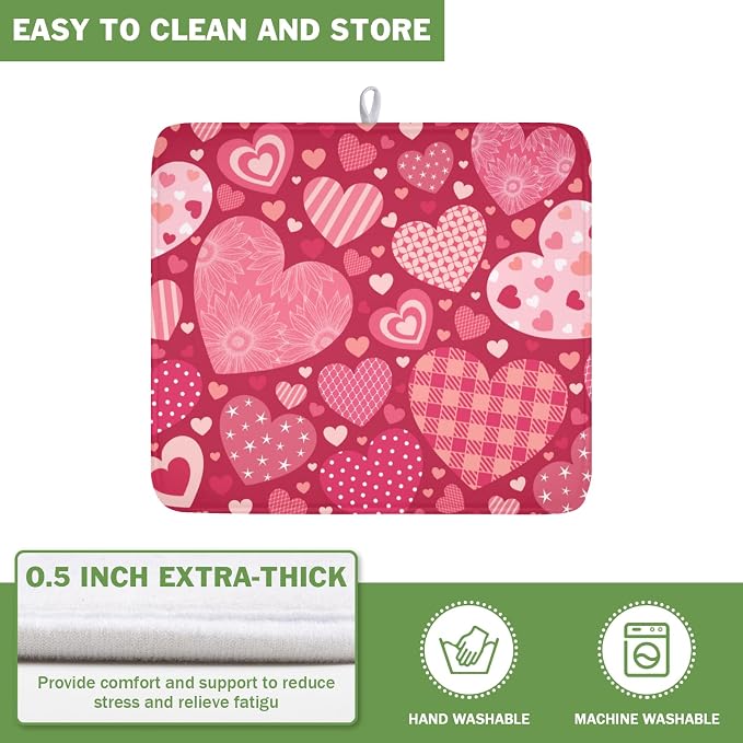 Valentine's Day Red Heart Dish Drying Mat 16x18 Inch | Polyester，Absorbent Microfiber，for Kitchen Coffee Dining Bar Decor