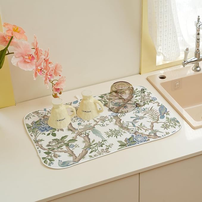 Blue Green Dish Drying Mat 18x24 Inch Chinoiserie Vintage Floral Bird Drying Mat Spring Summer Flower Seasonal Absorbent Dish Drying Pad Dish Rack Drainer Mats for Kitchen Dining Counter