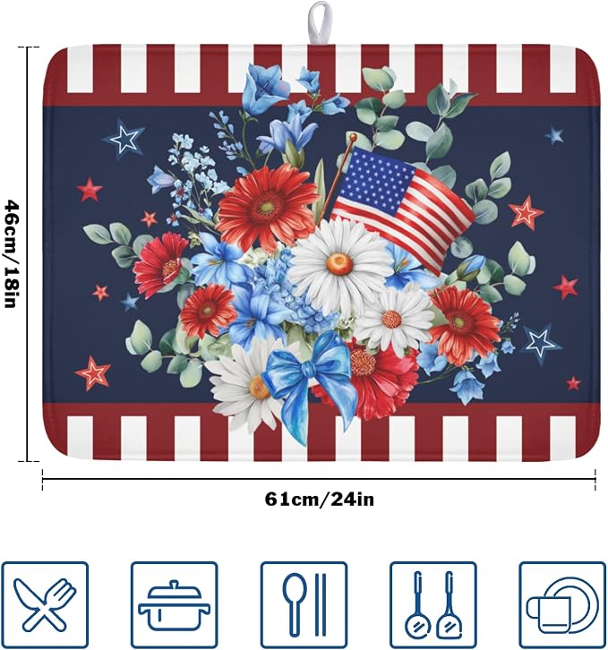 4th of July Dish Drying Mat for Kitchen Counter Patriotic Red Blue and White Floral American Flag Microfiber Dish Drainer Mat Absorbent Washable Drying Pad Extra Large 18"x24"