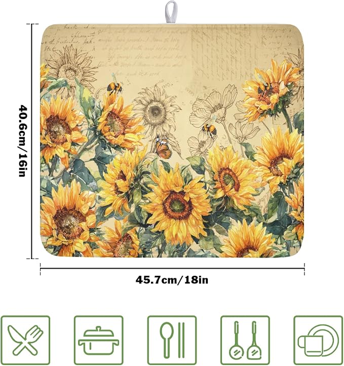 Sunflower Dish Drying Mat for Kitchen Counter Vintage Yellow Sunflowers Microfiber Dish Drainer Mat Spring Summer Watercolor Floral Absorbent Washable Drying Pad Extra Large 16"x18"