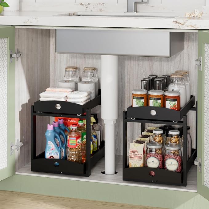 APRTAT 2 Pack Under Sink Organizer, Bamboo Wooden 2-Tier Pull-Out Storage with Sliding Drawers for Kitchen and Bathroom Cabinets, Easy Installation (Black)