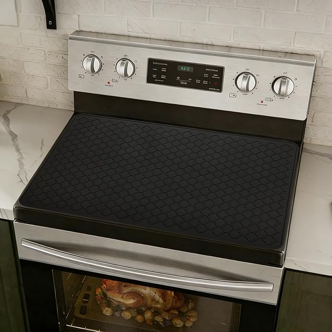 Stove Top Cover for Electric Stove - Food Grade Ceramic Stove top Cover, Silicone XXL Dish Drying Mat, Glass Cooktop Covers, Flat RV Range top Mats (Black, 27.5"X20")