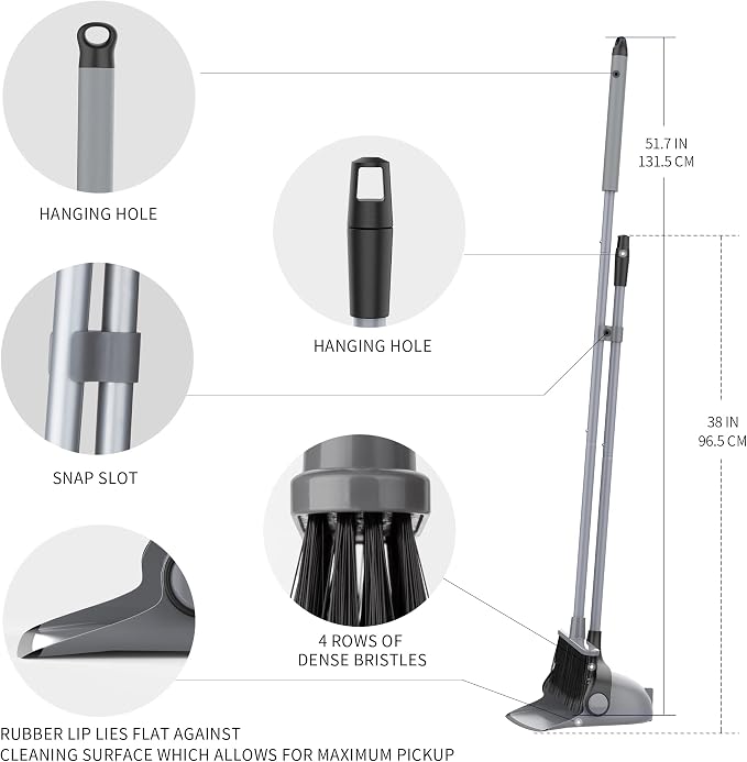MR.SIGA Broom and Dustpan Set with Adjustable Long Handle, Gray | Stand upright broom with dustpan combo for home, office and garage easy sweeping and storage. 51.7"(131 cm) broom handle