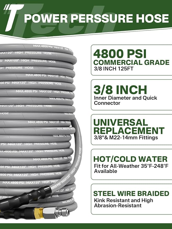 3/8" 4800PSI Pressure Washer Hose 125FT Swivel Quick Connect | Power Washer Hose for Cold/Hot Water Max 248°F, Kink Resistant Steel Wire Braided, Wear Resistant with M22 14mm Adapter