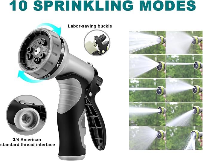 25FT Metal Garden Hose - Stainless Steel, Heavy Duty, Flexible & Lightweight, Never Kink and Tangle, with 10-Function Nozzle, Pressure Resistant for Outdoor Use (Grey)