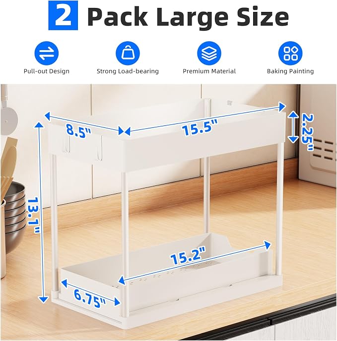 Simple Trending Under Sink Organizer 2 Pack, Sink Pull-Out Sliding Storage Cabinet, 2-Tier Under Shelf Organizer for Kitchen Bathroom, White