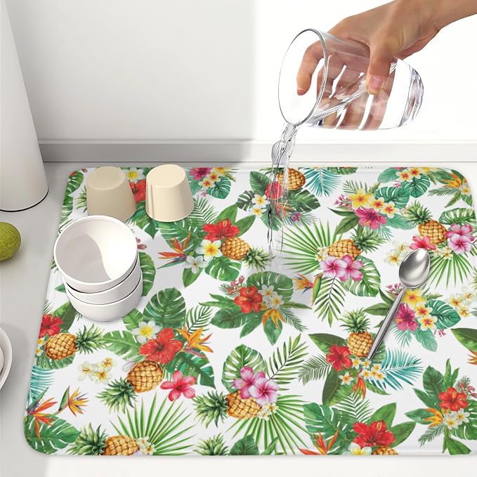 Summer Tropical Dish Drying Mat for Kitchen Counter Hawaii Palm Leaves Floral Pineapple Microfiber Dish Drainer Mat Rustic Absorbent Washable Drying Pad Extra Large 18"x24"