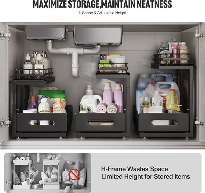 Under Sink Organizer Upgrade To Professional Rails,2-Tier Dual Pull Out Cabinet Storage,Height Adjustable Slide Out Drawers For Bathroom Kitchen,2 Pack-14.5" Dx12.8-16.9" H,Black