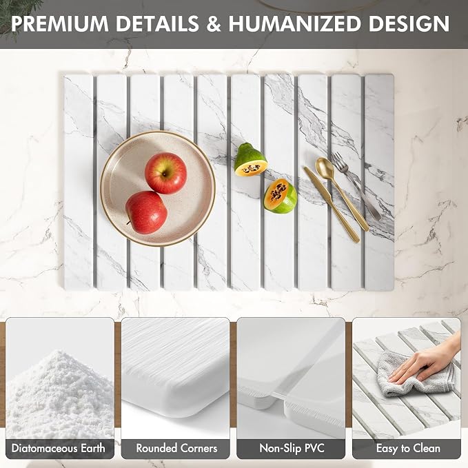 4 Pcs Diatomaceous Earth Dish Drying Mat Set, 24''x16'' Stone Dish Drying Mat, Faucet Mat and 2 Coasters for Kitchen Counter, Super Absorbent Quick Dry Mats for Dishes Bottles Cups