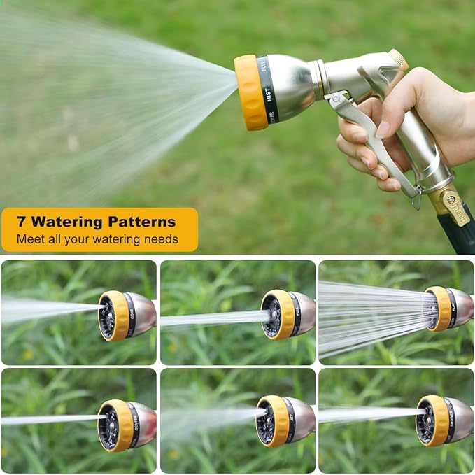 FANHAO Heavy Duty Metal Garden Hose Nozzle, High Pressure Sprayer Leakproof | 7 Adjustable Spray Patterns, Rustproof Zinc Alloy, Hands-Free Lock, Shockproof Bezel Water Nozzle for Lawn, Plant, Car & Pet