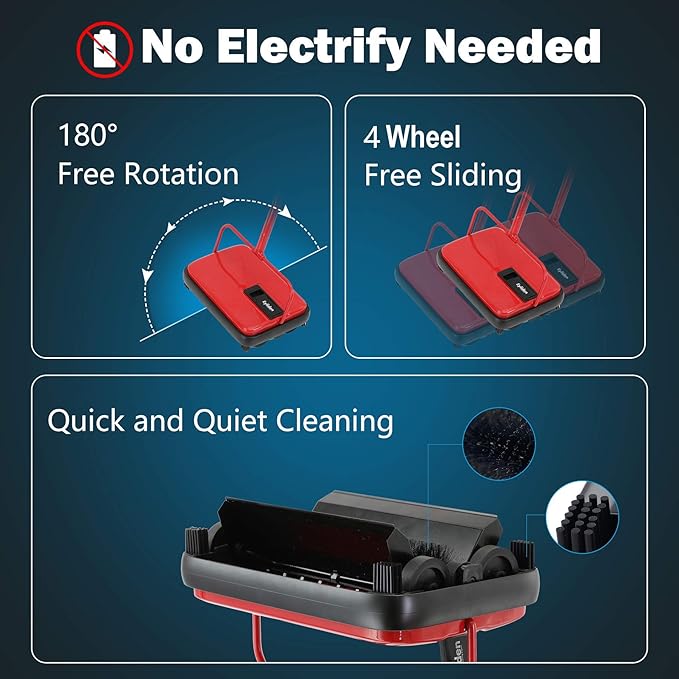 Eyliden Carpet Sweeper, Mini Size, Manual Sweeping, Red | Lightweight, Hand Push - No Noise, Non-Electric, Easy Clener, Only for Carpet and Rug Cleaning