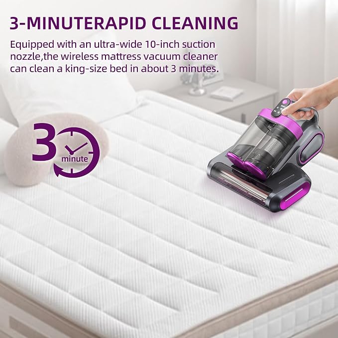 Cordless Mattress Vacuum Cleaner with 253.7nm UV-C Light, Purple | 16Kpa Handheld Bed Vacuum Ultrasonic, Widened Suction, Low Noise, HEPA Filtration for Mattress Sofa Couch Pet Hair