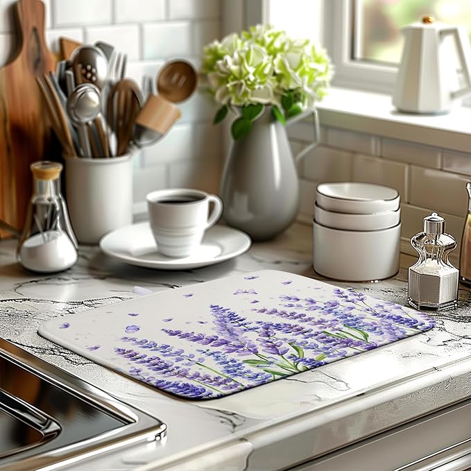 Purple Lavender Dish Drying Mat for Kitchen Counter Spring Summer Flower Floral Dishes Drainer Mats Absorbent Microfiber Dish Drying Pad Washable Dish Draining Mat Medium 16x18 Inch