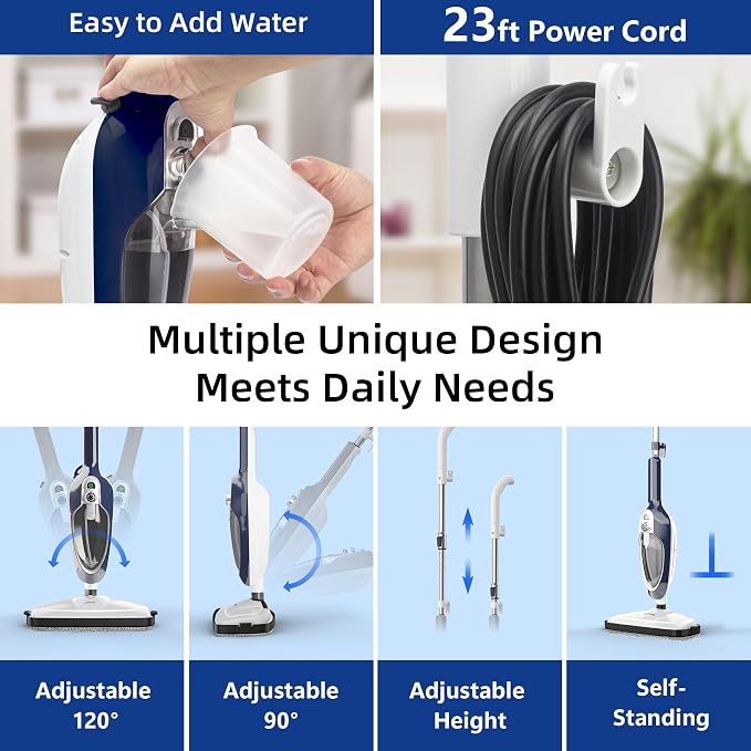 GorFanty Steam Mop - 10-in-1 Floor Steamer MultiPurpose Steam Cleaner | Detachable Handheld for Hardwood/Tile/Laminate All Floors Carpet Cleaning with 11 Accessories for Whole Home Use(Blue)