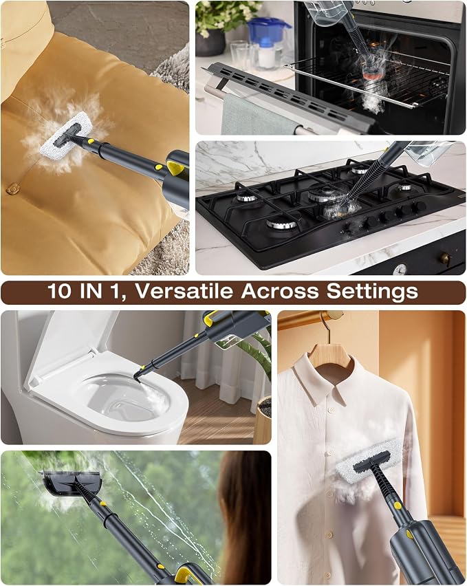 10-in-1 Steam Mop, Detachable Handheld Steam Cleaner for Multi-Surface | 350ml Tank,10s Heat-Up,248°F Steam Cleaner,2-Level Control,Swivel Head for Carpet,Floor,Tiles,BBQ grill,Car Accessories