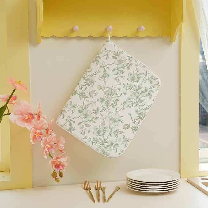 Sage Green Floral Dish Drying Mats 18x24 Inch Sage Green Chinoiserie Flower Holiday Kitchen Decor Absorbent Drying Pad Rack Drainer Mats for Kitchen Dining Room Counter
