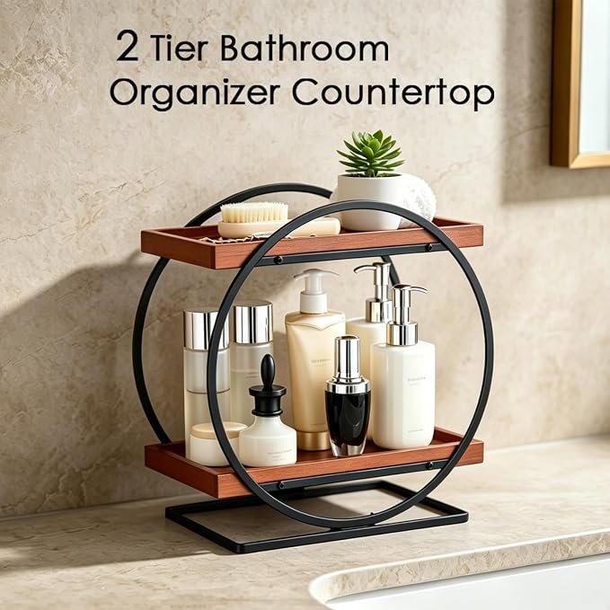 2-Tier Bathroom Counter Organizer, Wooden Perfume Organizer for Dresser, Bamboo Countertop Trays for Skincare Makeup Vanity Shelf, Organizers and Storage for Bathroom Kitchen, Black & Brown