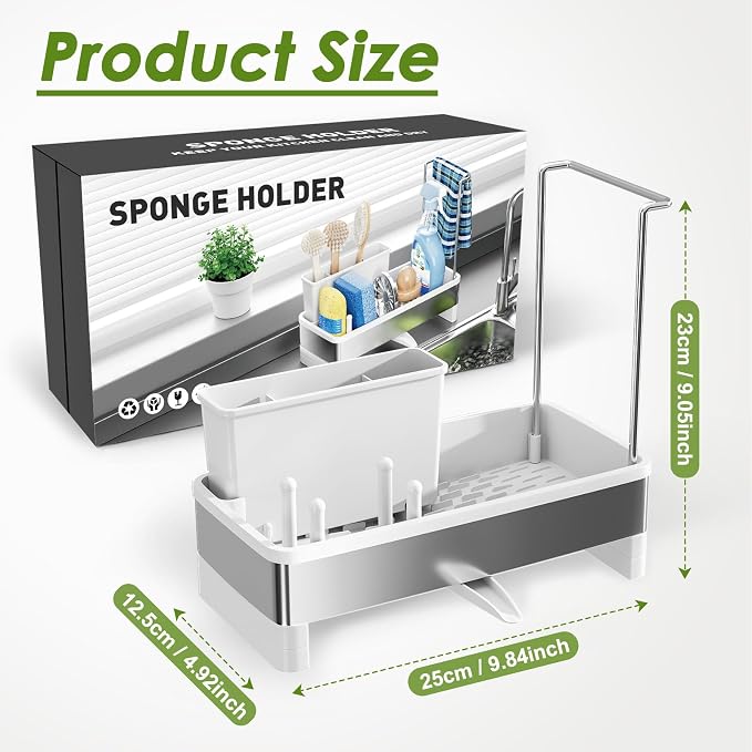 Ewaiira Stainless Steel Sink Caddy, Sponge Holder for Kitchen Sink with Brush Holder & Dishcloth Rack, Rustproof Organizer Countertop, Soap Dispenser Kitchen Organizers Storage Essentials, White 9.8″