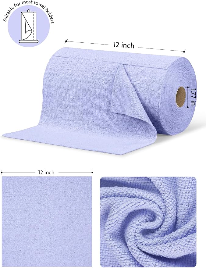 Fantasticlean Microfiber Cleaning Cloth Roll- 75 Sheets, 12"x12" (Lavender) | Super Absorbent, Lint-free, Tear-away Microfiber Towel Roll, for All-Purpose Cleaning, Reusable Alternative to Paper Towels