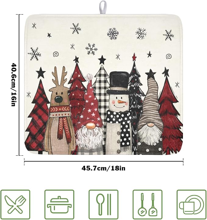 Giwawa Winter Snowman Gnome Dish Drying Mat Xmas Tree Dishes Pad 16"x18" Microfiber Fast Dry Dish Drainer Rack Mats Kitchen Countertop Accessories