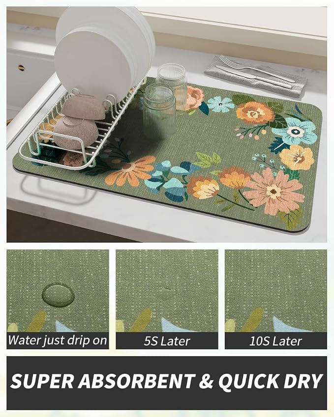 AMOAMI Coffee Mat Hide Stain Rubber Backed Absorbent Dish Drying Mat for Kitchen Counter - Fits Under Coffee Maker - Floral GREEN 12X19