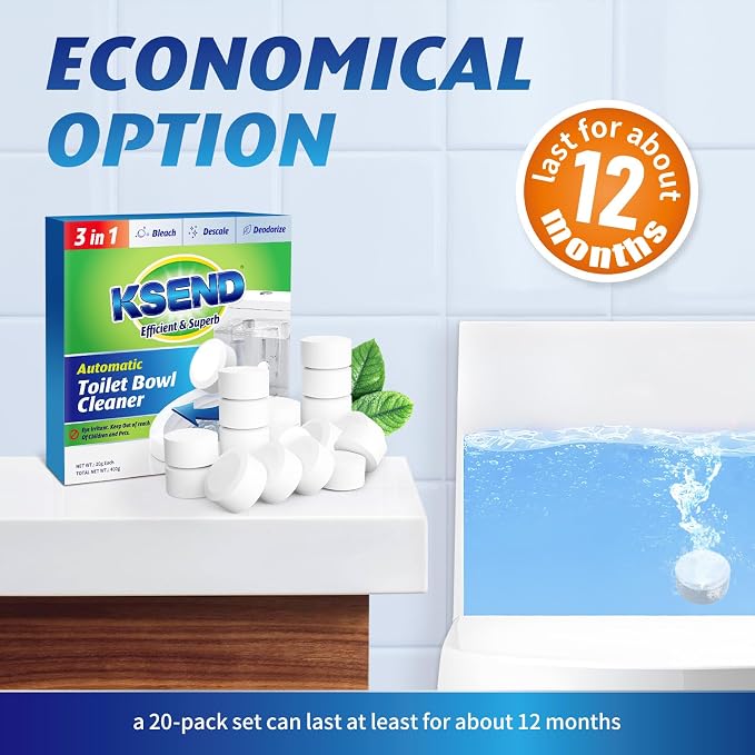 Ksend Toilet Bowl Cleaner Tablets - 40 PCS Automatic Bleach Toilet Cleaner Tablets, Slow-Releasing Deodorizing & Descaling, Powerful Bathroom Tank Cleaner