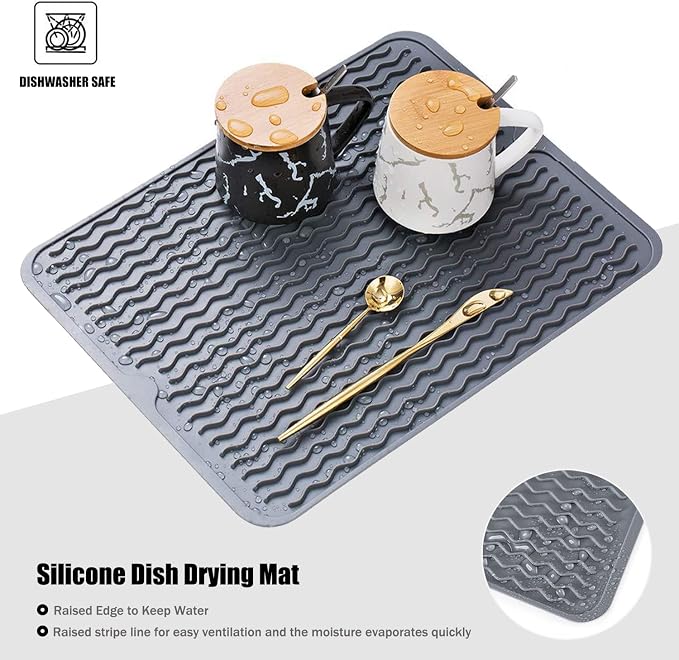 Silicone Dish Drying Mat for Multiple Usage, Easy clean, Eco-friendly, Heat-resistant Dish Drainer Mat for Kitchen Counter,Sink,Refrigerator or Drawer liner (18" x 16", White)