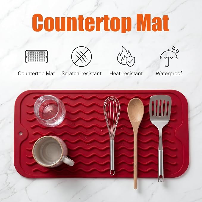 MicoYang Silicone Dish Drying Mat for Multiple Usage,Easy clean,Eco-friendly,Heat-resistant Silicone Mat for Kitchen Counter or Sink,Refrigerator or Drawer Liner Red S 12 inches x 6 inches